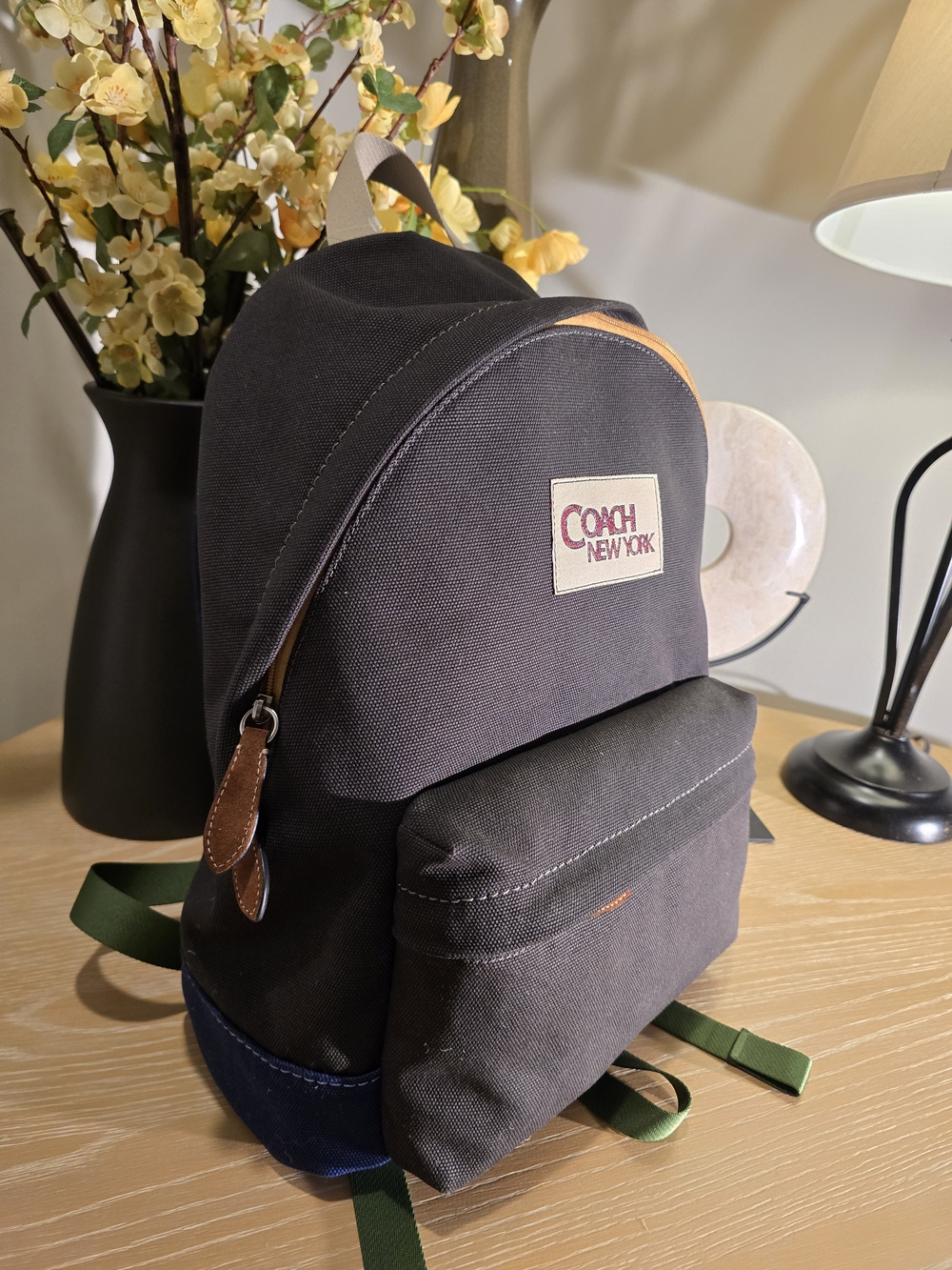 Coach Men's Black Canvas Backpack with Brown Leather Trim